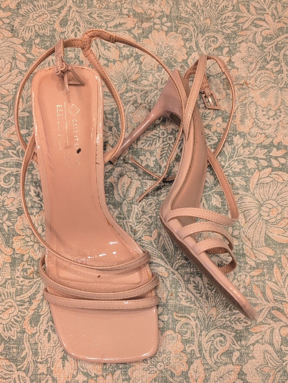 **CALL IT SPRING Nude Patent Strappy Heels Square Toe Slingback Sandals Women’s